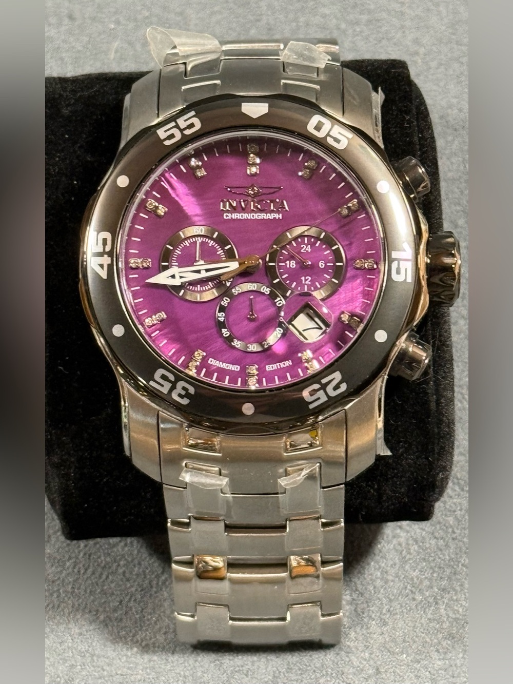 Invicta 42110 Pro Diver Scuba Chronograph Watch - Purple Dial, Silver Bracelet